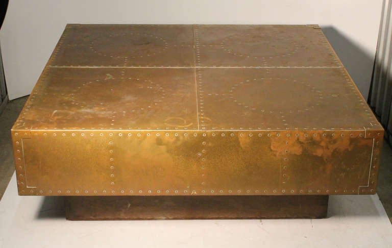 Mid-Century Modern Sarreid Brass Coffee Table Floating on Plinth Base Manner of Milo Baughman
