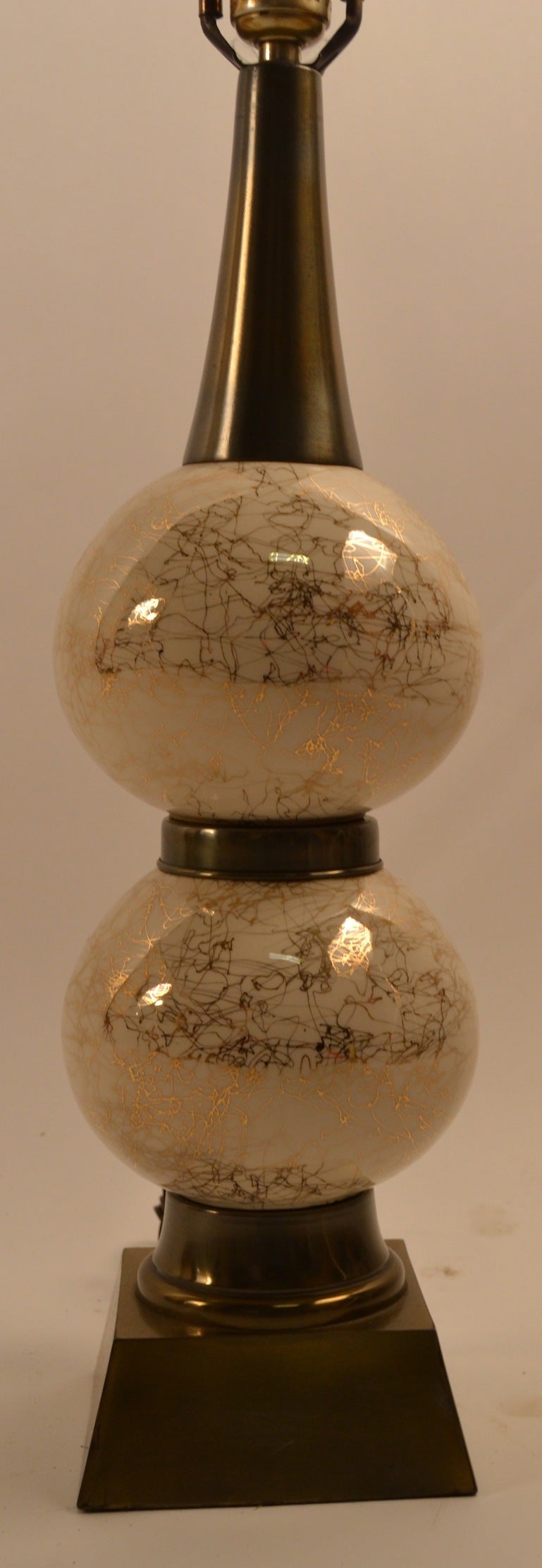 Mid-20th Century Pair Stacked Ceramic Ball Wandering Line Pattern Table Lamps