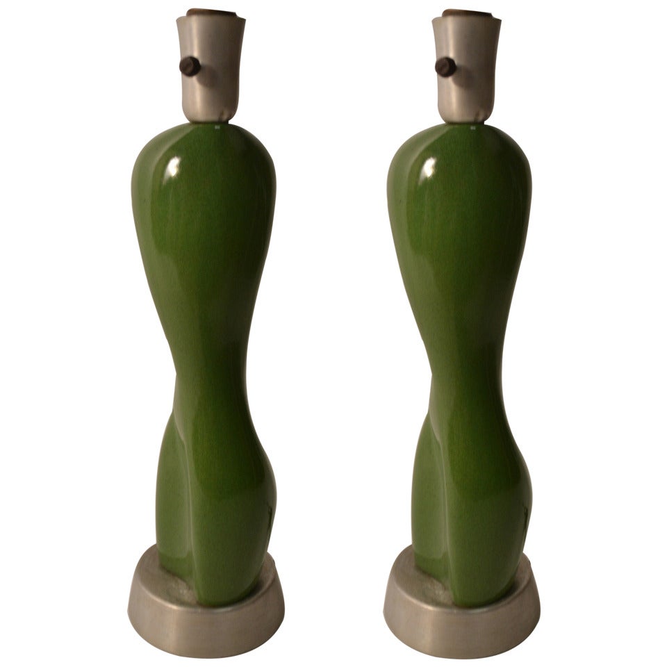 Pair Rare Russel Wright Ceramic Nude Form on Spun Aluminum Base For Sale