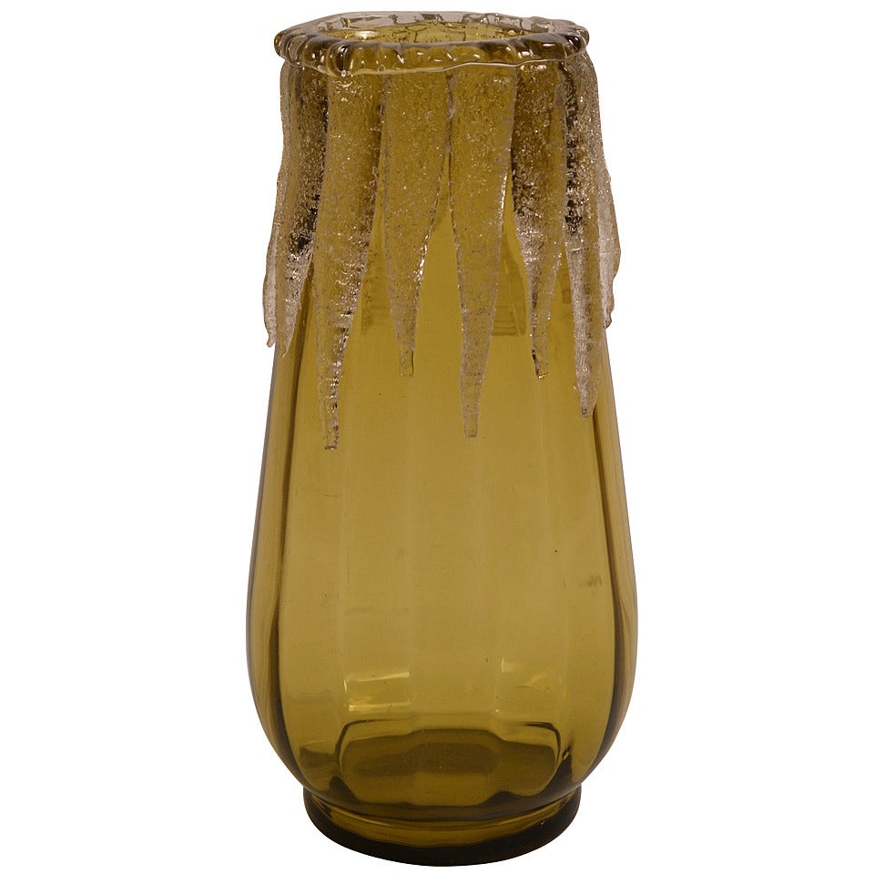 Bol en verre d'art victorien ambré avec application transparente « Ice » en vente