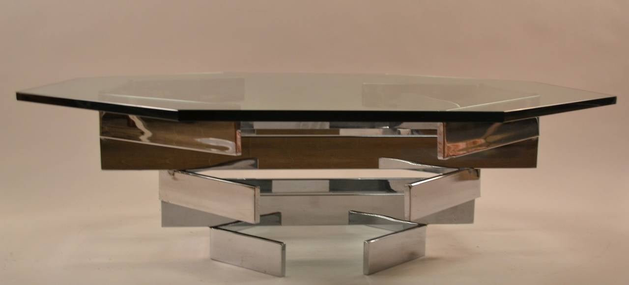 Milo Baughman Chrome Base Octagonal  Plate Glass Coffee Cocktail Table