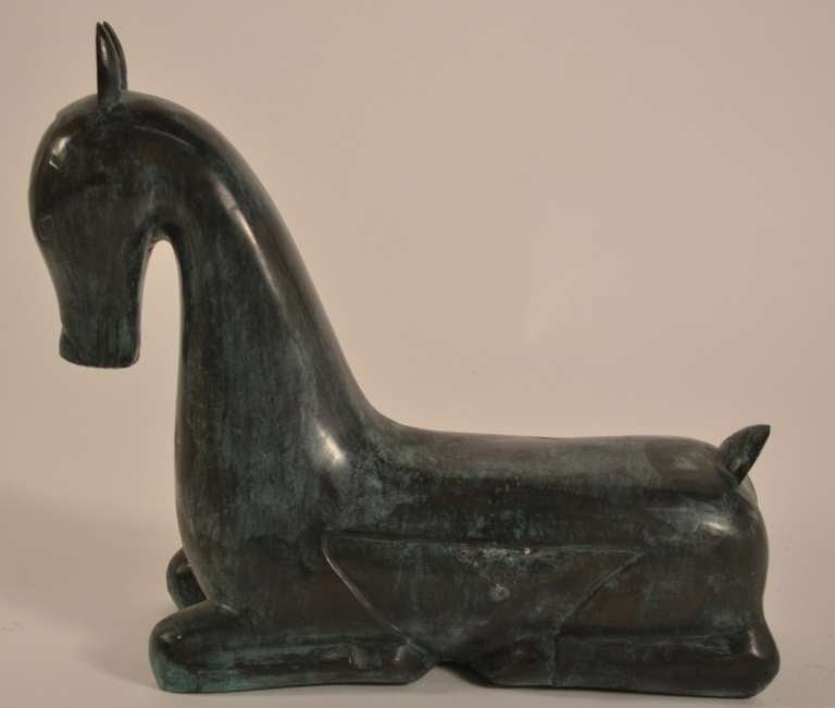Foal in recumbent position, made of cast bronze, marked 