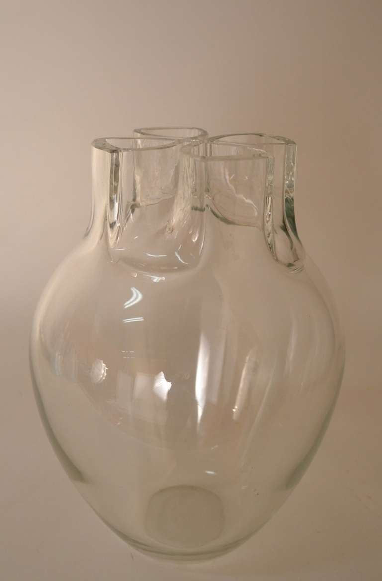 Clover leaf top, clear glass vase, signed 