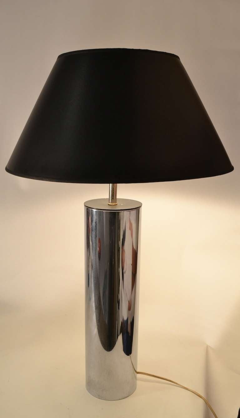 Good quality minimalist style George Kovacs chrome cylinder table lamp. Shade not included in purchase.Height given in listing includes hard and finial, Height of cylinder alone is 16