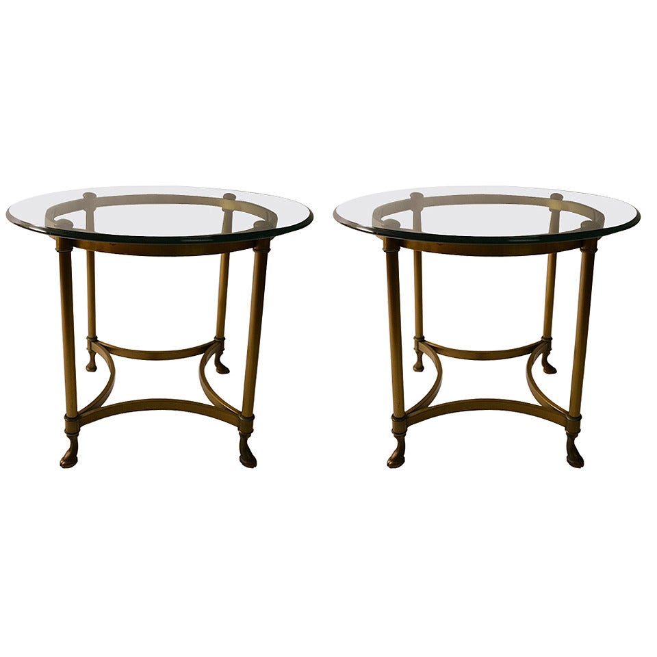 Pair Brass Base Plate Glass Top Tables by LaBarge