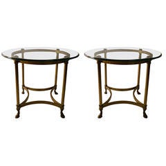 Pair Brass Base Plate Glass Top Tables by LaBarge