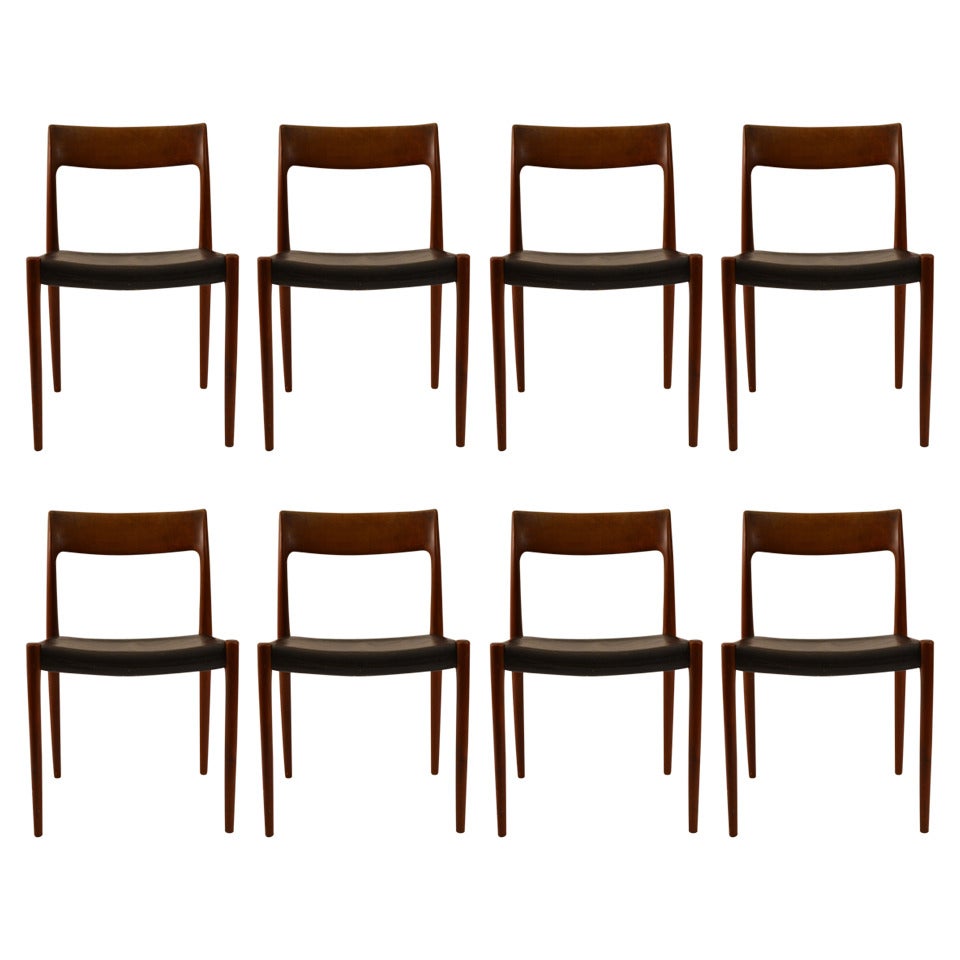 Set of Eight J. L. Moller Teak and leather Dining Chairs