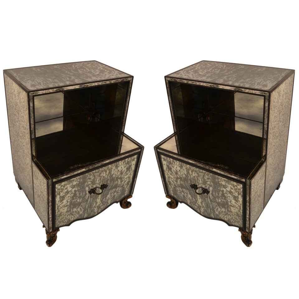 Pair Mirrored Night Stands attributed to James Mont For Sale