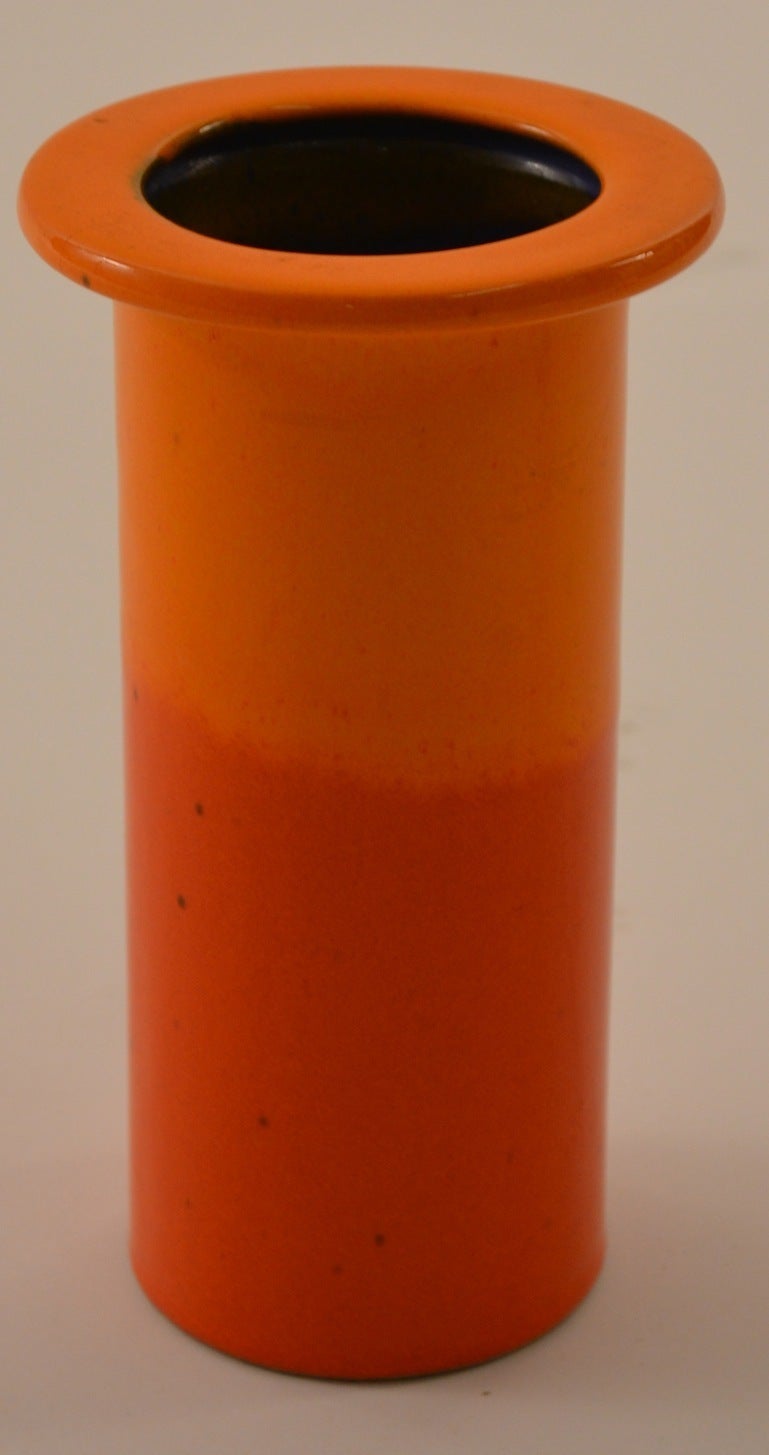 Cylindrical vase with two tone orange exterior, and very dark blue interior. Perfect condition, fully and correctly marked.