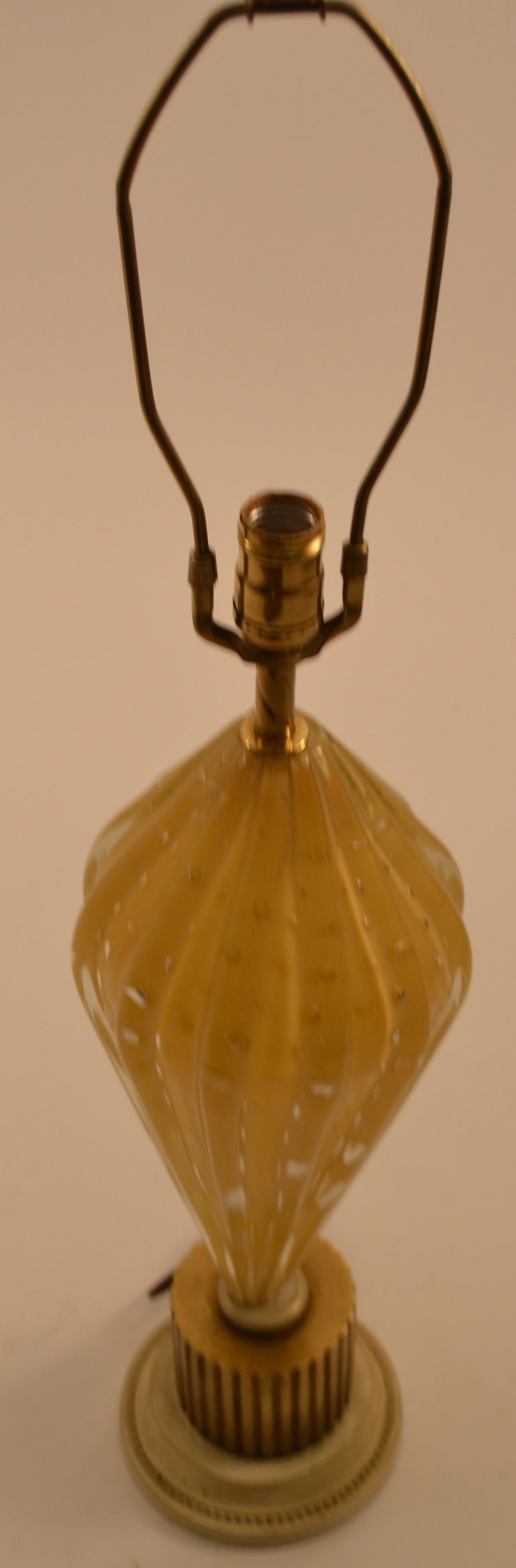 Controlled bubble Murano Glass body on fluted column base, probably by Barovier. Shade not included in lot.Height in listing includes harp, Height to top of glass is 22