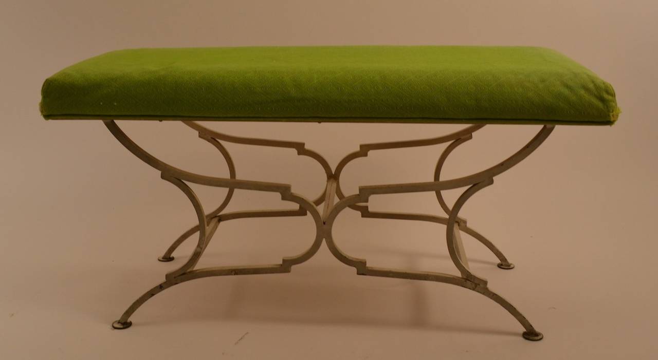 Diminutive Upholstered Bench with solid  iron base In Good Condition In New York, NY