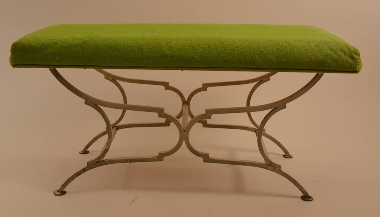 Hollywood Regency Diminutive Upholstered Bench with solid  iron base