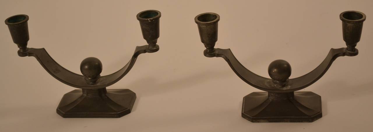 Pair Art Deco pewter candlesticks Fully marker and in very good original condition.