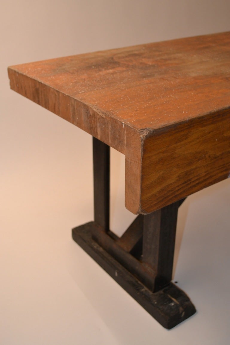 Early 20th Century Industrial Bench with Angled Steel Legs and Thick Solid Wood Top