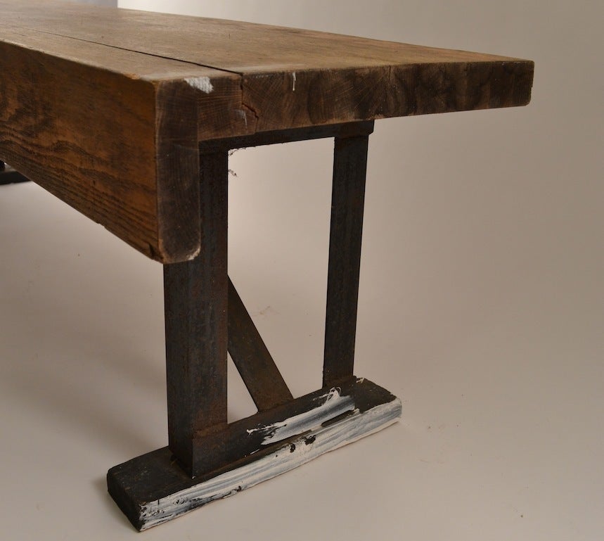 Oak Industrial Bench with Angled Steel Legs and Thick Solid Wood Top