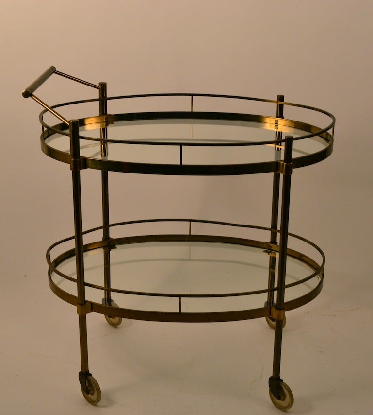 Mid-Century Modern Brass and Glass Serving Oval Bar Cart