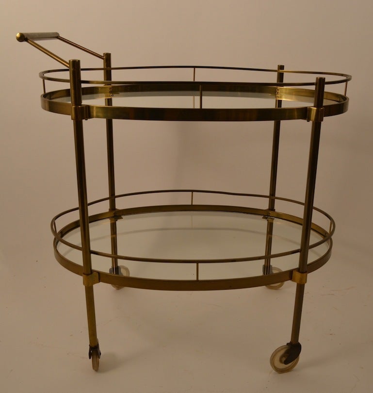 Mid-20th Century Brass and Glass Serving Oval Bar Cart