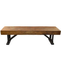 Antique Industrial Bench with Angled Steel Legs and Thick Solid Wood Top