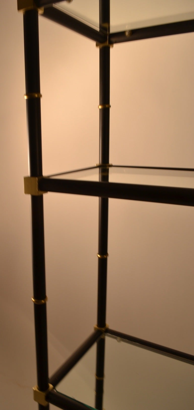 Mid-20th Century Pair of Matte Black and Brass Finish, Glass Shelf Etageres