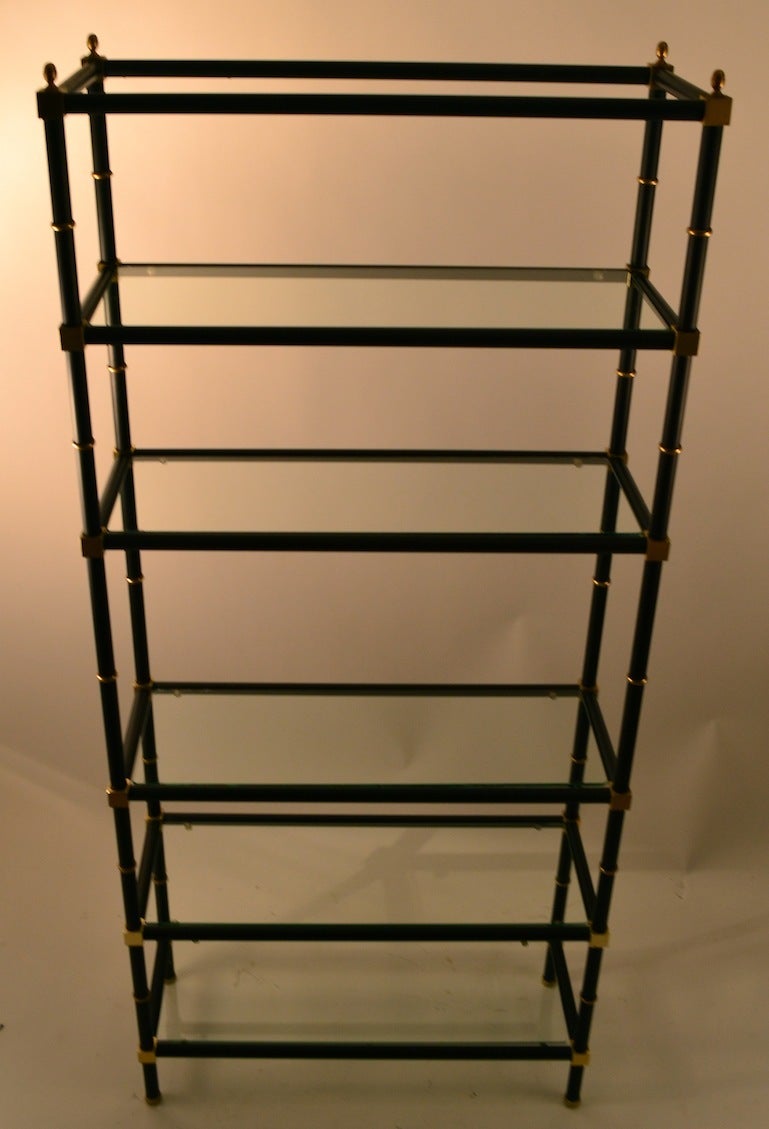 Pair of Matte Black and Brass Finish, Glass Shelf Etageres In Good Condition In New York, NY