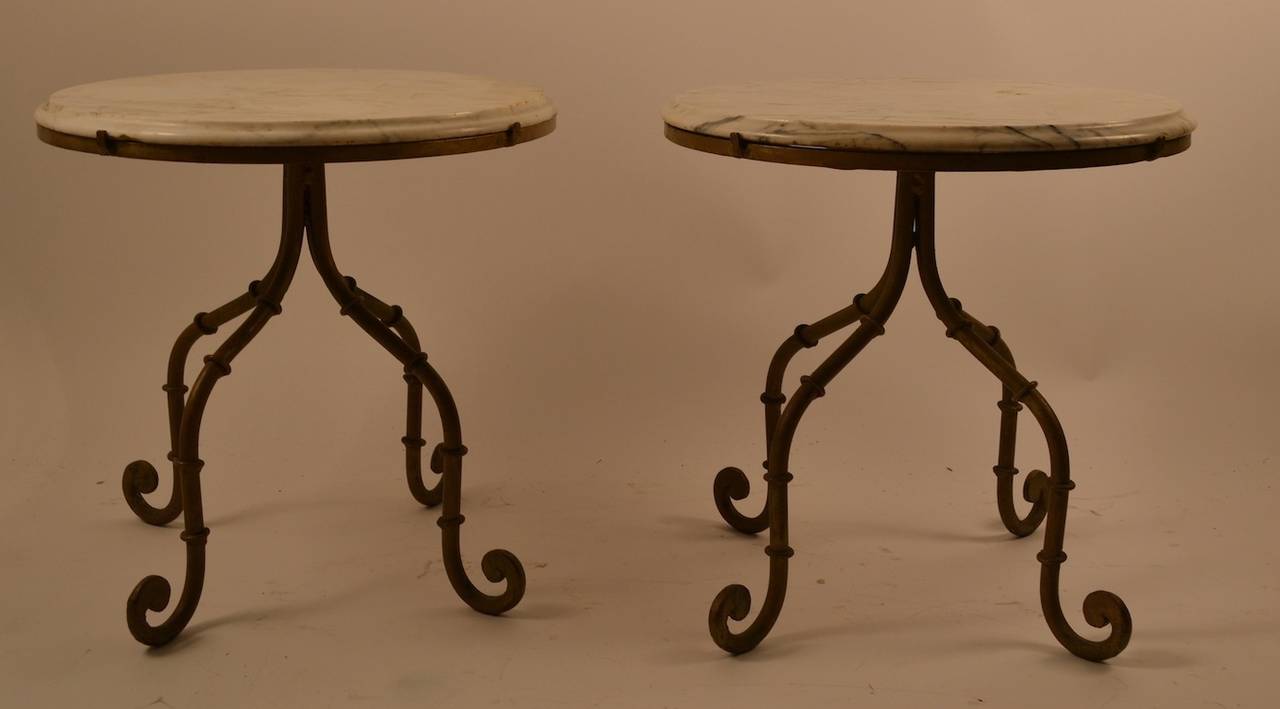 Mid-20th Century Pair of Marble-Top Tables with Iron Bases