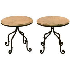 Vintage Pair of Marble-Top Tables with Iron Bases