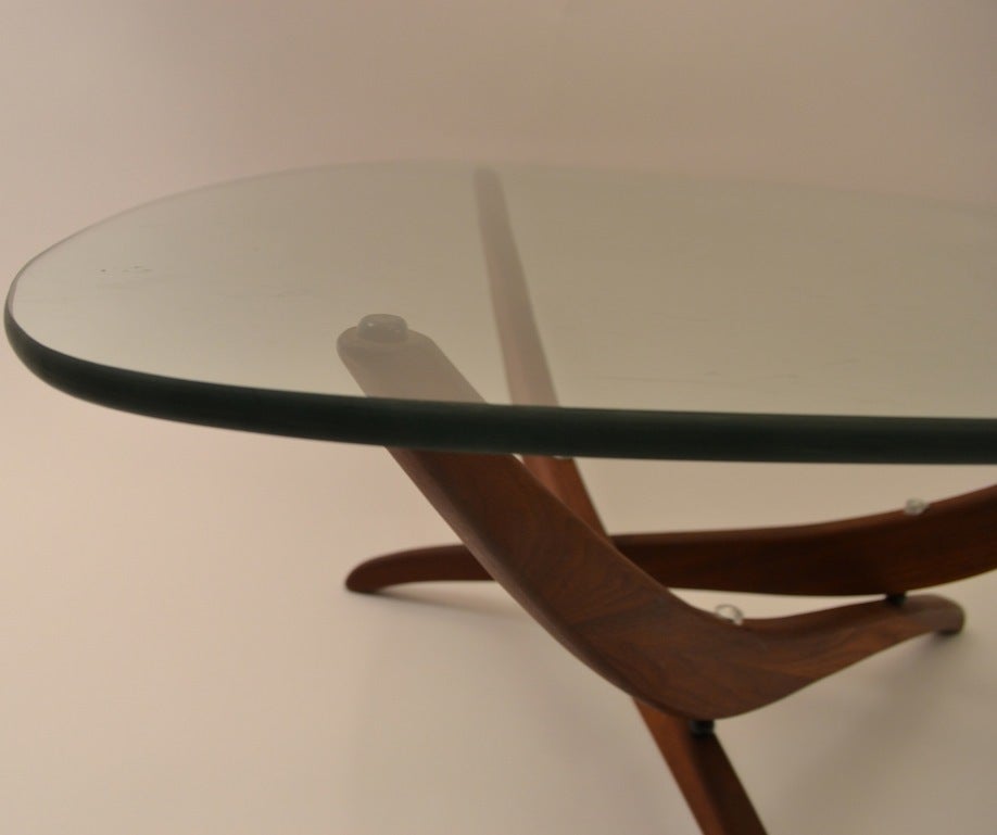 Mid-Century Modern Elegant Nickel Plate, Triangular Glass-Top Table  with Sculptural Walnut Base