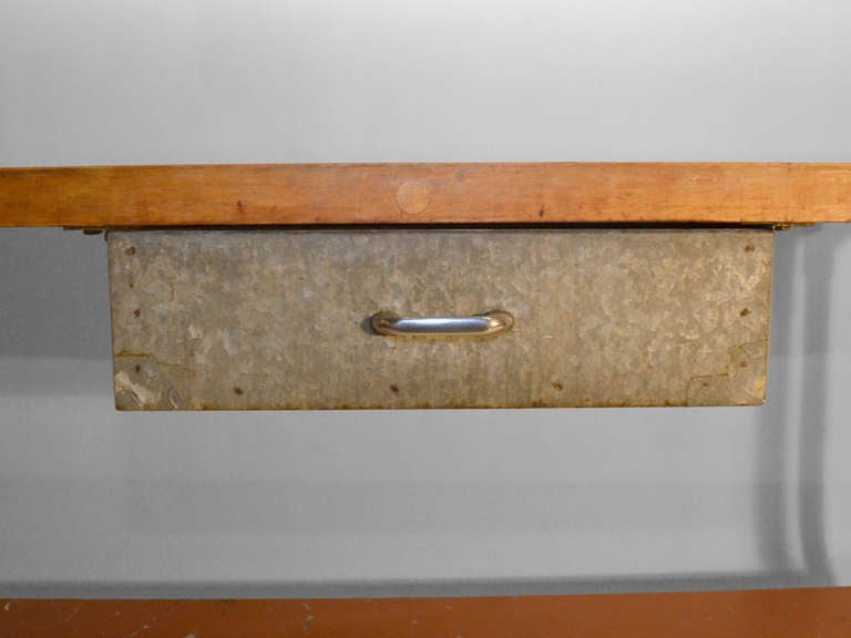 Long Industrial Kitchen Work Station Butcher Block Iron Base Table. One Galvanized Tin Drawer - Iron base - Original Wood Top