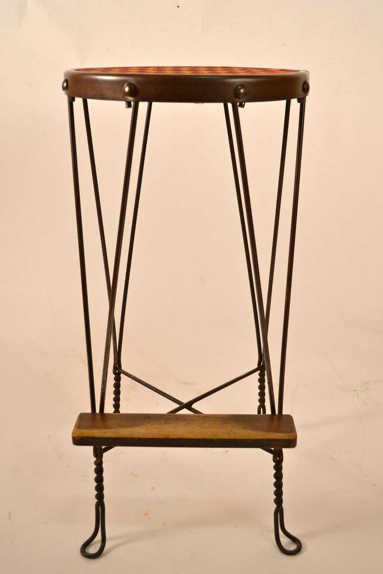 Wonderful set of 10 pc stools, originally from the Adelphi Hotel located in Saratoga Springs NY.  Metal frames, upholstered seat, and wooden foot rest.