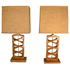 Unique Pair of Hand Carved Mid Century Table Lamps