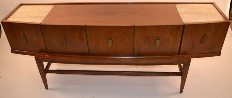 Walnut Mid Century Modern Marble Top Bow Front Credenza