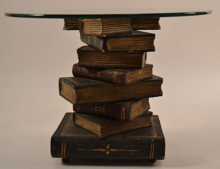 Faux books stacked to form the base, which supports the thick beveled circular glass top ( original ). Stand can be used without the glass if you prefer. Vintage Italian decorative end, lamp, occasional table.