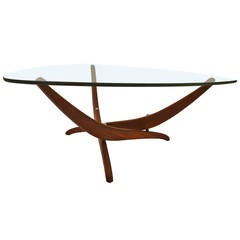 Elegant Nickel Plate, Triangular Glass-Top Table  with Sculptural Walnut Base