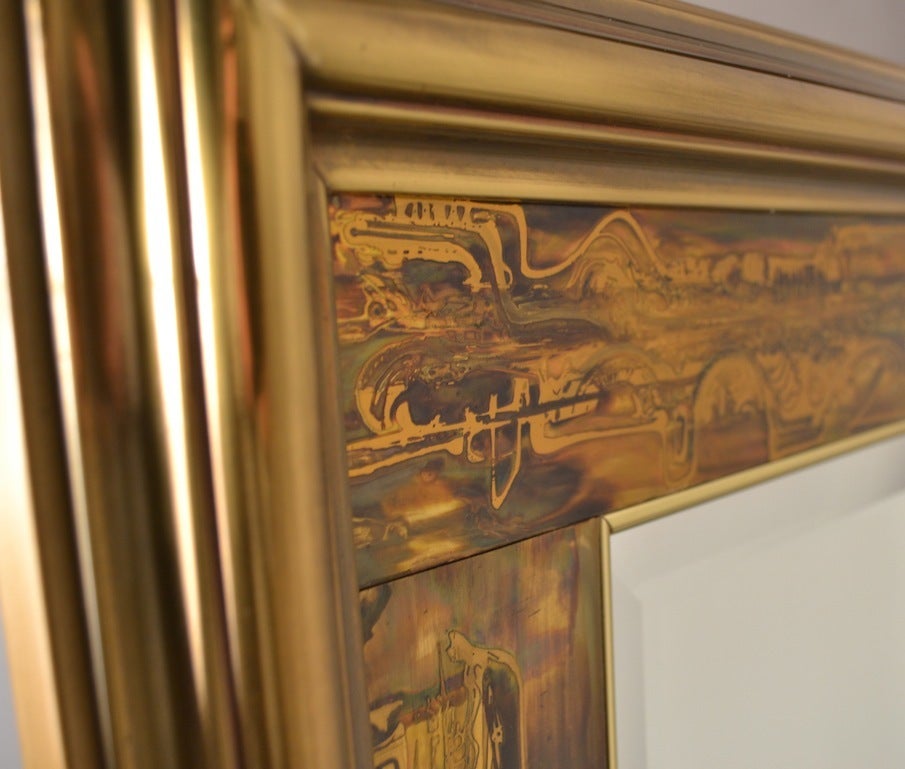 Large Brutalist Acid Wash Mastercraft Gold Bronze Frame Beveled Mirror In Excellent Condition In New York, NY