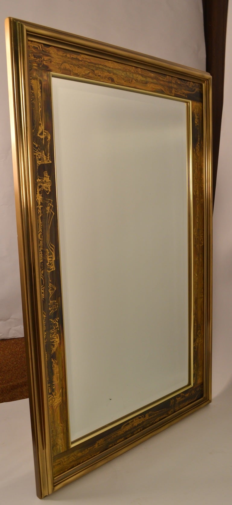 Large Brutalist Acid Wash Mastercraft Gold Bronze Frame Beveled Mirror