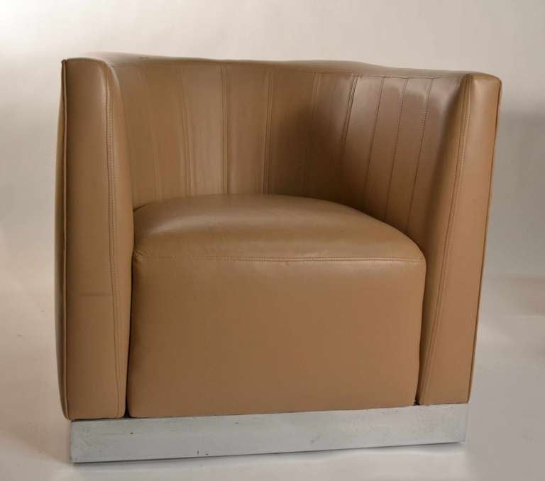 Pair Modernist Leather and Chrome Cube Club Chairs 2
