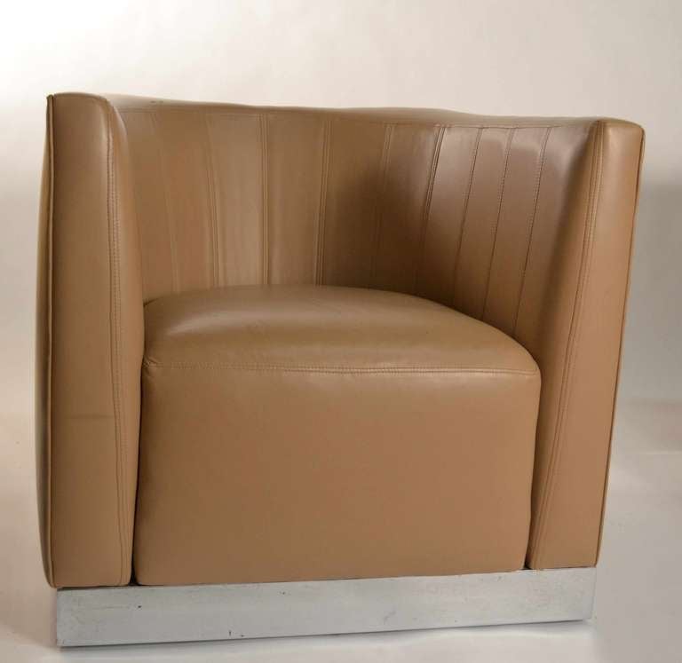 Late 20th Century Pair Modernist Leather and Chrome Cube Club Chairs