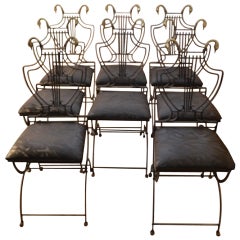 Set of Eight Italian Regency Lyre Back Classical Form Dining Chairs