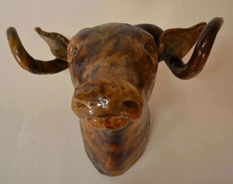 Hand Made Wall Mount Resin Bull. One of a kind, unique item. Expressionist Brutalist School Sculpture. One horn has been repaired. 