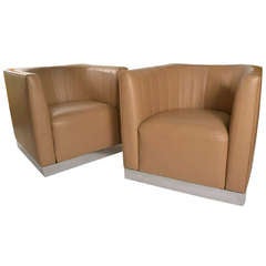 Pair Modernist Leather and Chrome Cube Club Chairs
