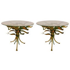 Pair of Polychrome Italian Metal and Glass Foliate Tables 2