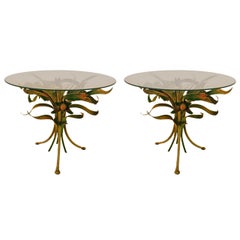 Used Pair of Polychrome Italian Metal and Glass Foliate Tables