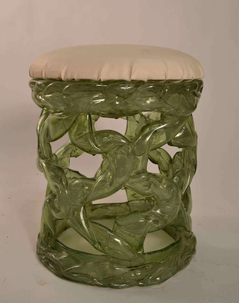 Translucent Green Plastic, Resin Stool, with upholstered pad top. Brutalist School, Mod, Stool, or Pouf. 