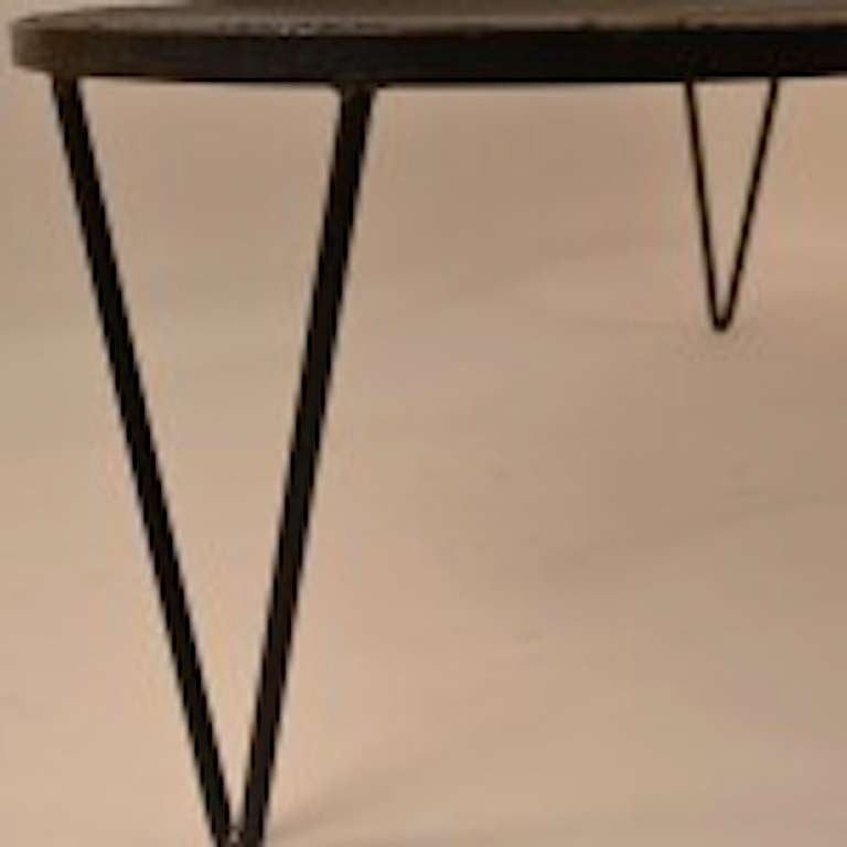 Unusual free form top Salterini metal mesh top, iron hairpin leg coffee table. Impressive large scale, dramatic form and presence. Suitable for indoor and outdoor use.