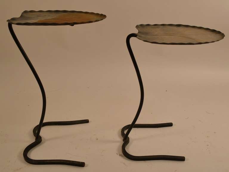 Nice set of two nesting garden Lily Pad tables by Salterini. Height in listing is for taller stand, shorter stand 18.25, L and W are the same.