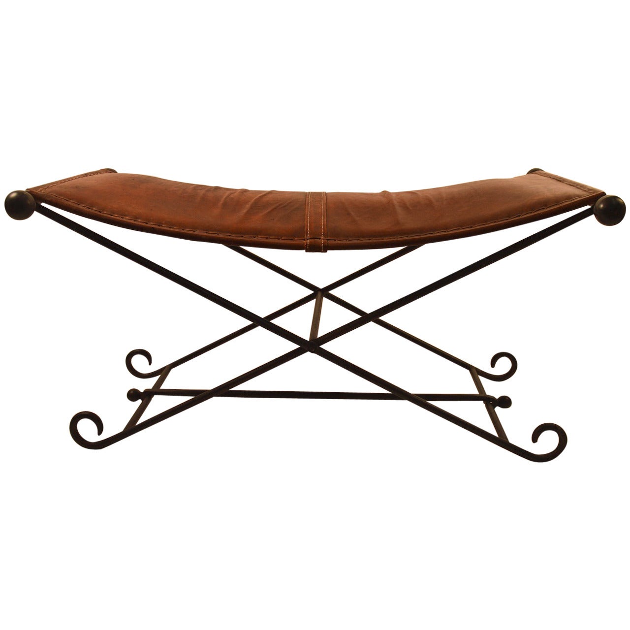 Elegant Wrought Iron and Leather Bench