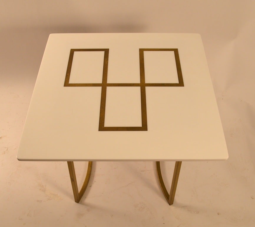 Mid-Century Modern Elegant Squared Brass and White Glass Table For Sale