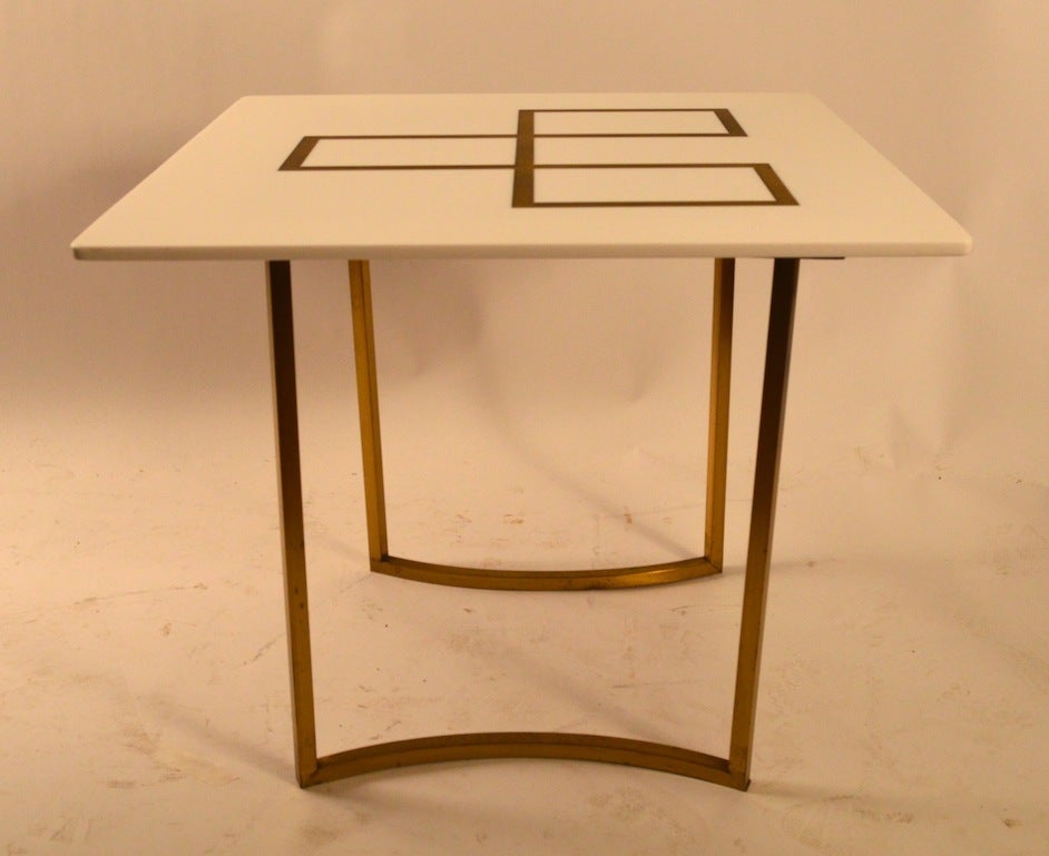 American Elegant Squared Brass and White Glass Table For Sale