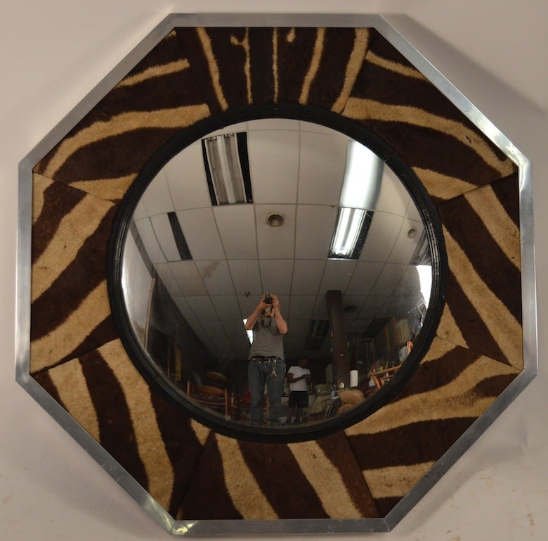 Mid-Century Modern Octagonal Aluminum Frame Zebra Skin Convex Mirror