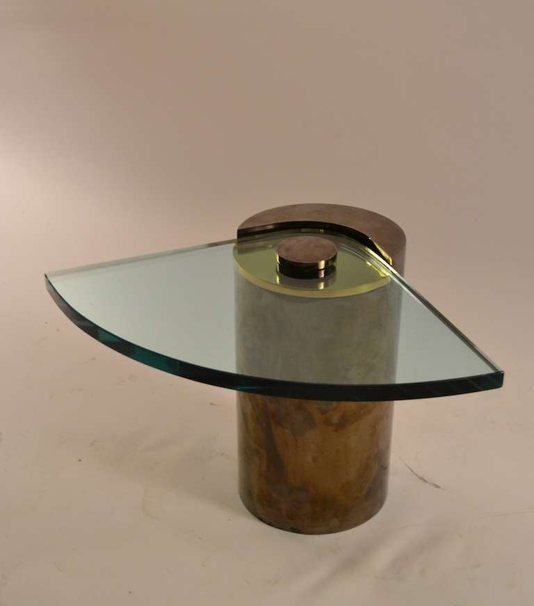 Karl Springer Drum End Table with Wedge Plate Glass Shelf